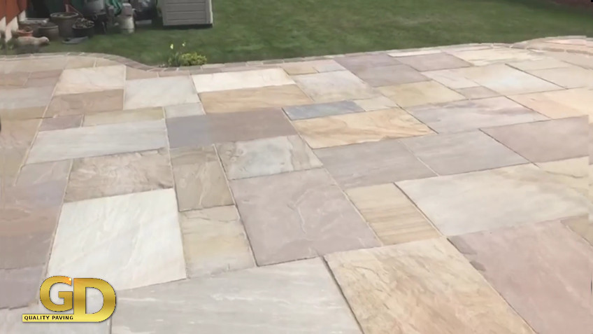 Indian Sandstone patio paving by GDS Landscaping laid in Neston.